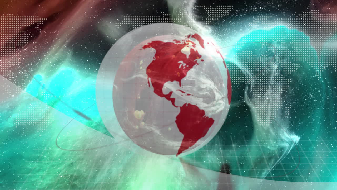 Translucent 3D globe rotating in abstract data scene, showing red continents and swirling mist