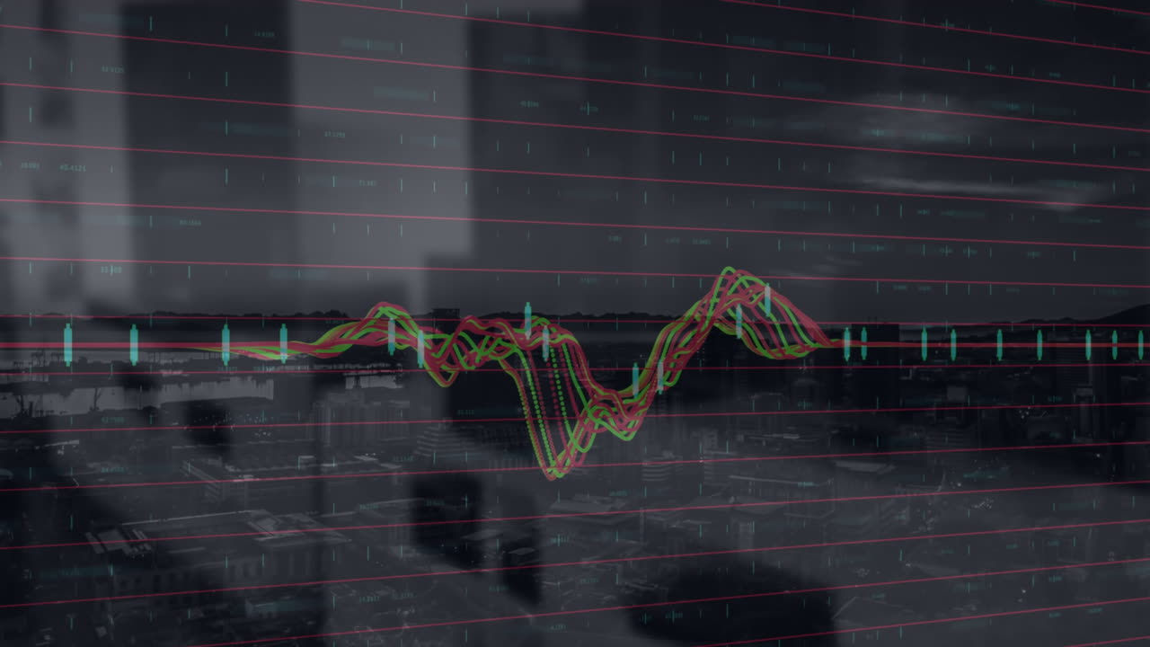 Animation of data processing over modern building and cityscape