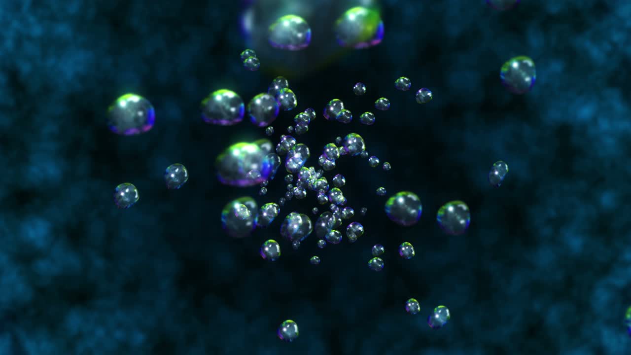 검은 바탕에 많은 물방울이 날아가고, 순수한 물방울, 투명한 표면, 공기 거품이 회전하는 3d 애니메이션, 루프 애니메이션.