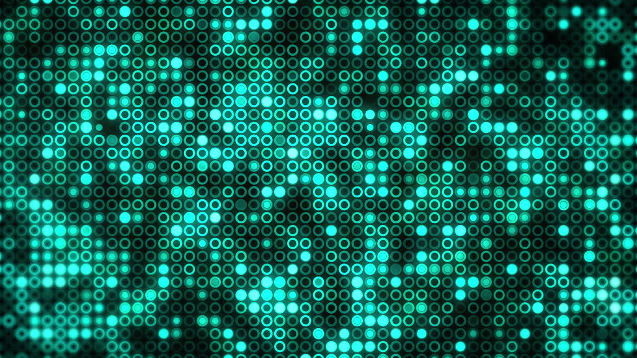 Digital texture showing cyan glowing rings and circles forming a technological grid on a dark background. Loop animation. Cyan glowing ring grid digital interface