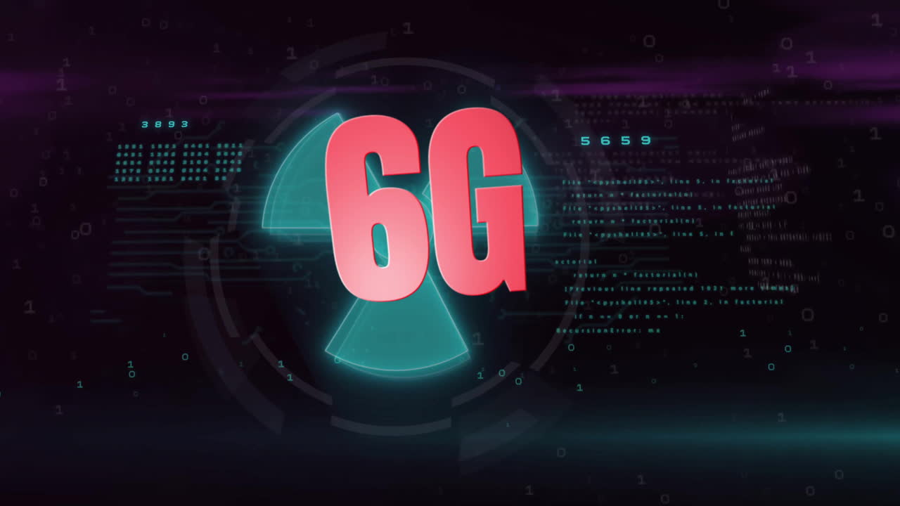Testo 6G che si illumina al centro, mostrando flussi binari fluttuanti con circuiti al neon in flat design.