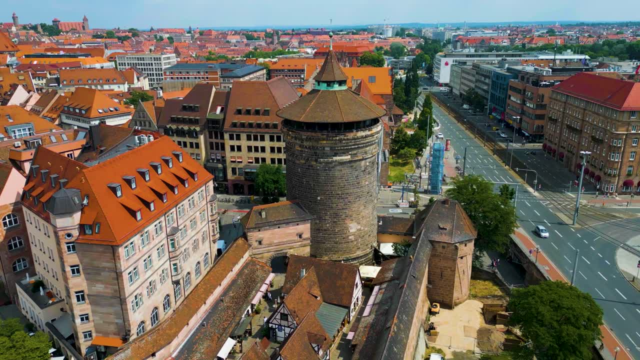 4K Aerial Drone Video of Ancient Women's Gate Tower in Downtown Nurnberg, Germany