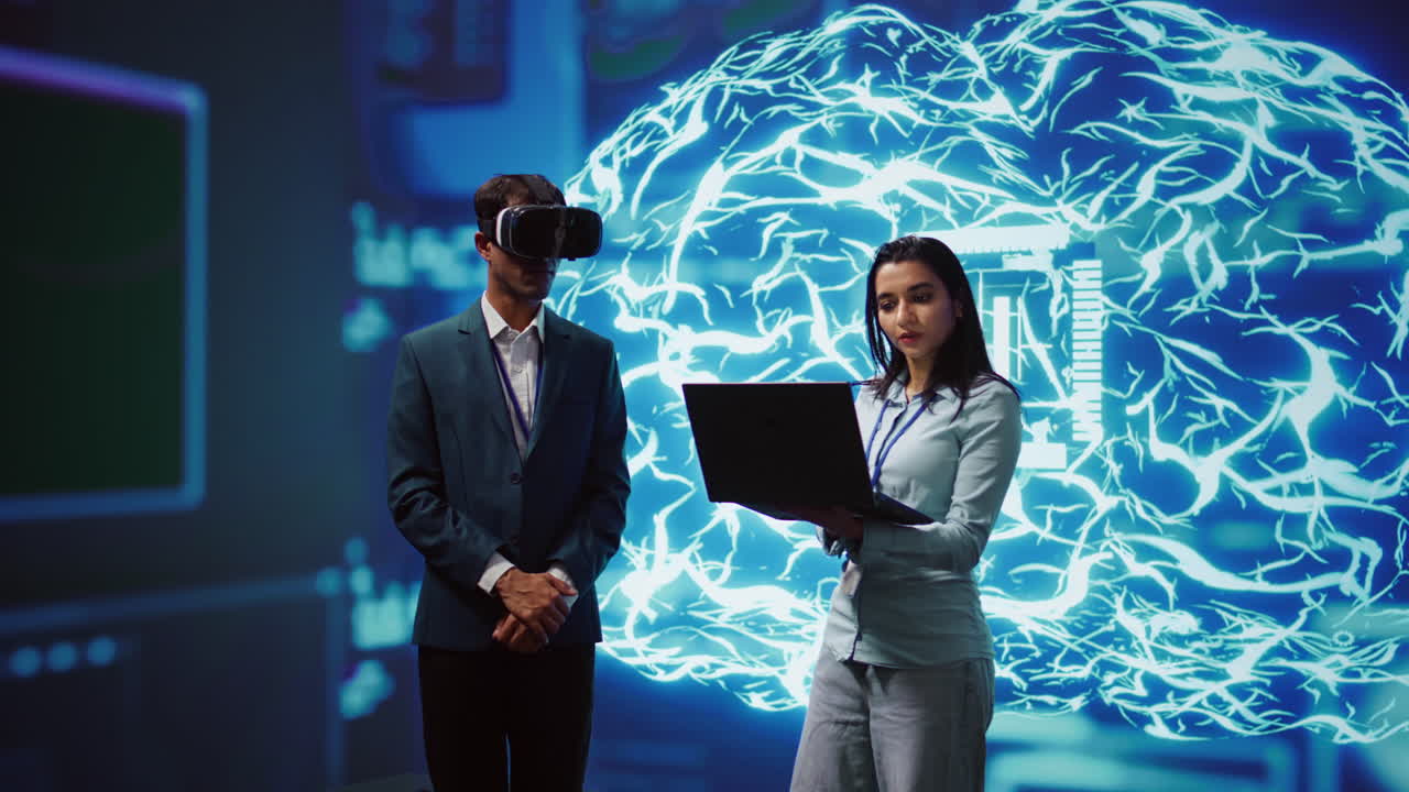 Team of programmers interacting with AI visualization using VR