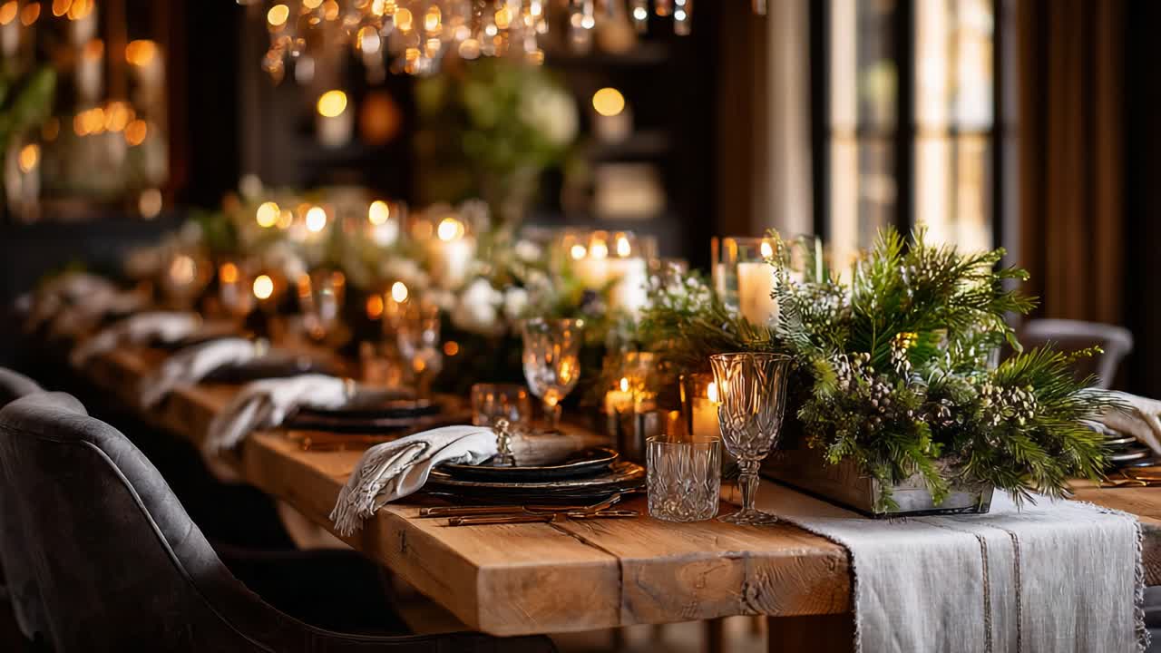 Elegant Dining Table Decorated with Festive Centerpieces, Twinkling Candles, and Lush Greenery, Creating a Warm and Inviting Atmosphere for Gatherings or Special Occasions