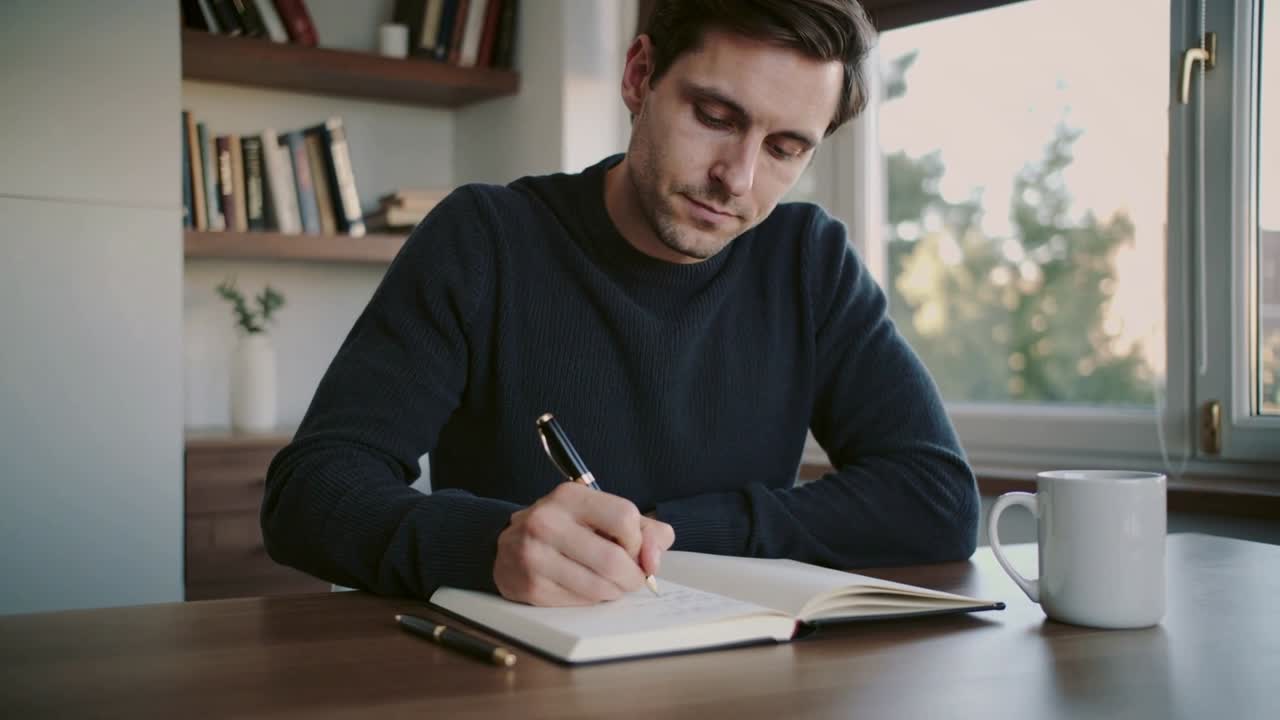 Uomo con maglione blu scuro che scrive, appoggiato alla scrivania accanto alla finestra, con la penna che tocca la pagina del taccuino, prendendo appunti.