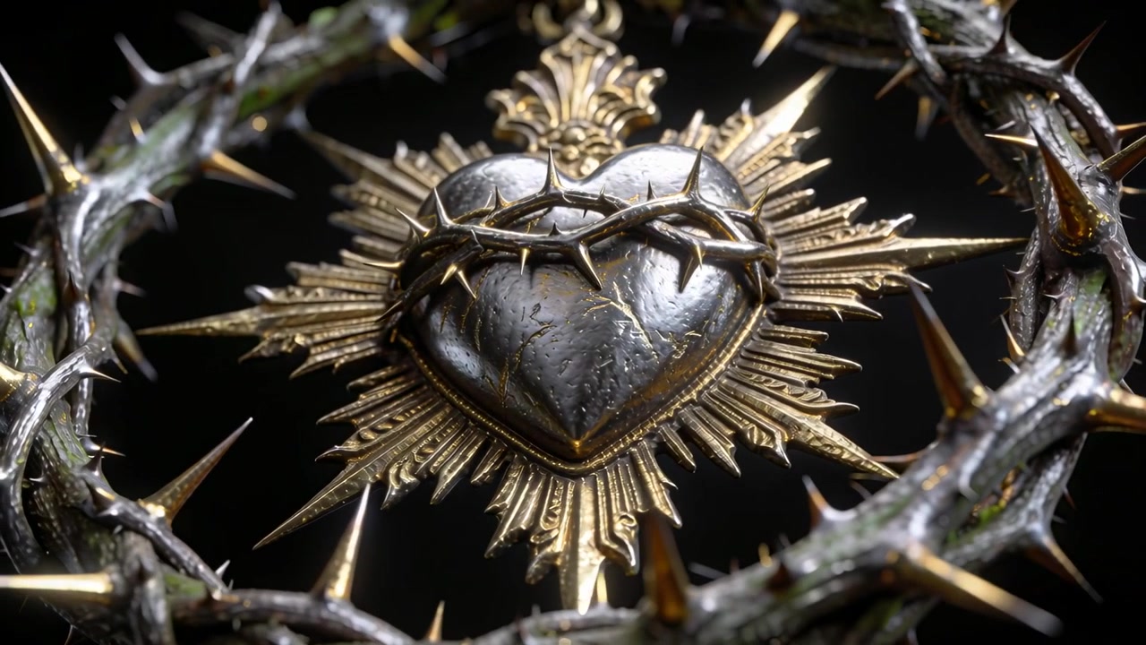 Apertura della telecamera che rivela un cuore di metallo rotante con raggi dorati e un anello di spine in studio che mostra segni di usura