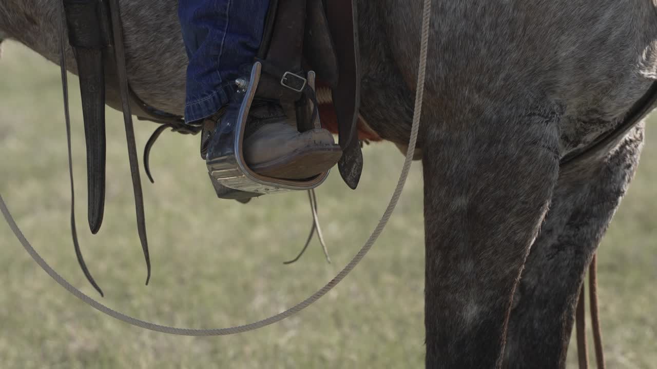 Un primo piano dello stivale di un mandriano nella staffa del suo cavallo.