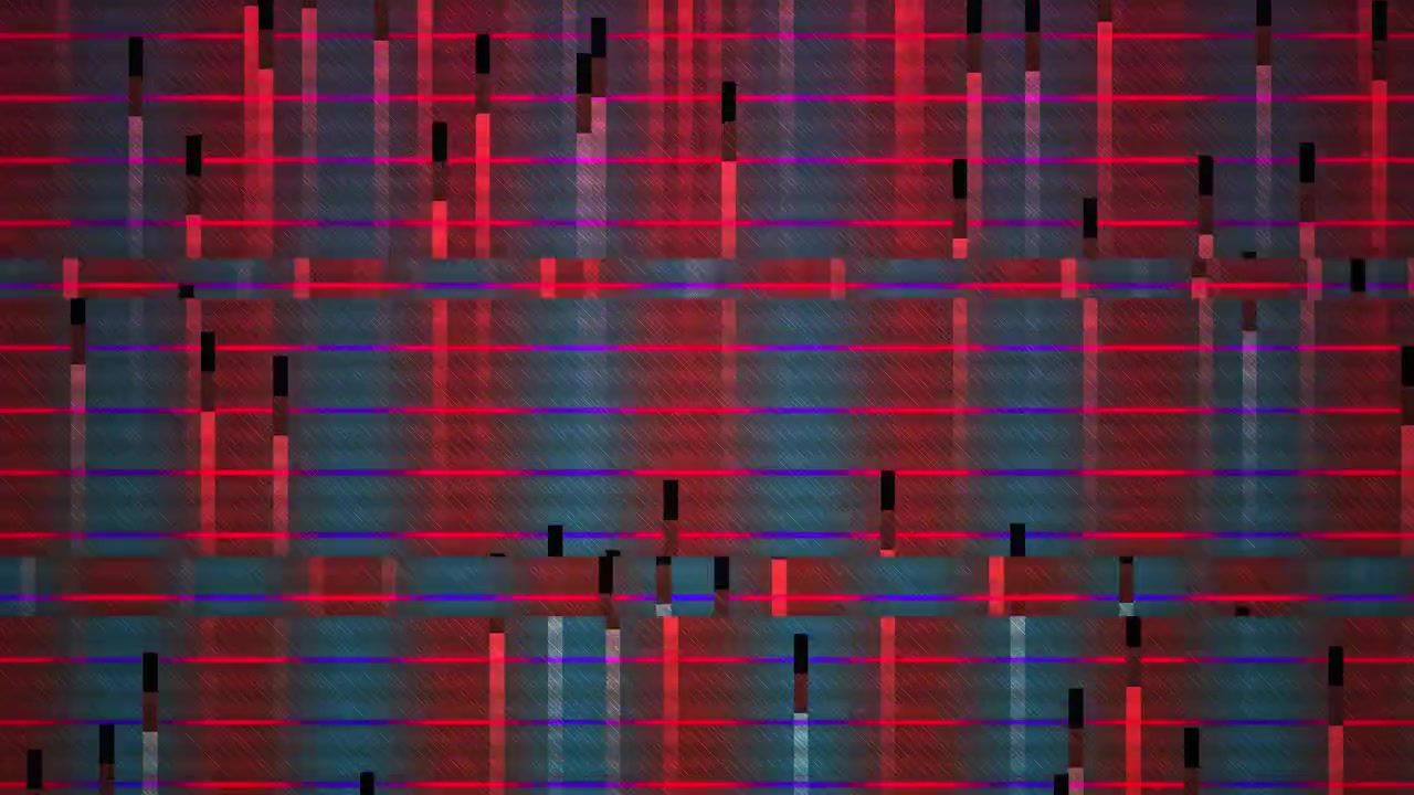 Griglia digitale astratta con linee rosse e blu tremolanti e barre di dati