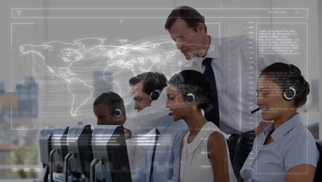 Animation-of-digital-interface-over-business-people-using-phone-headsets