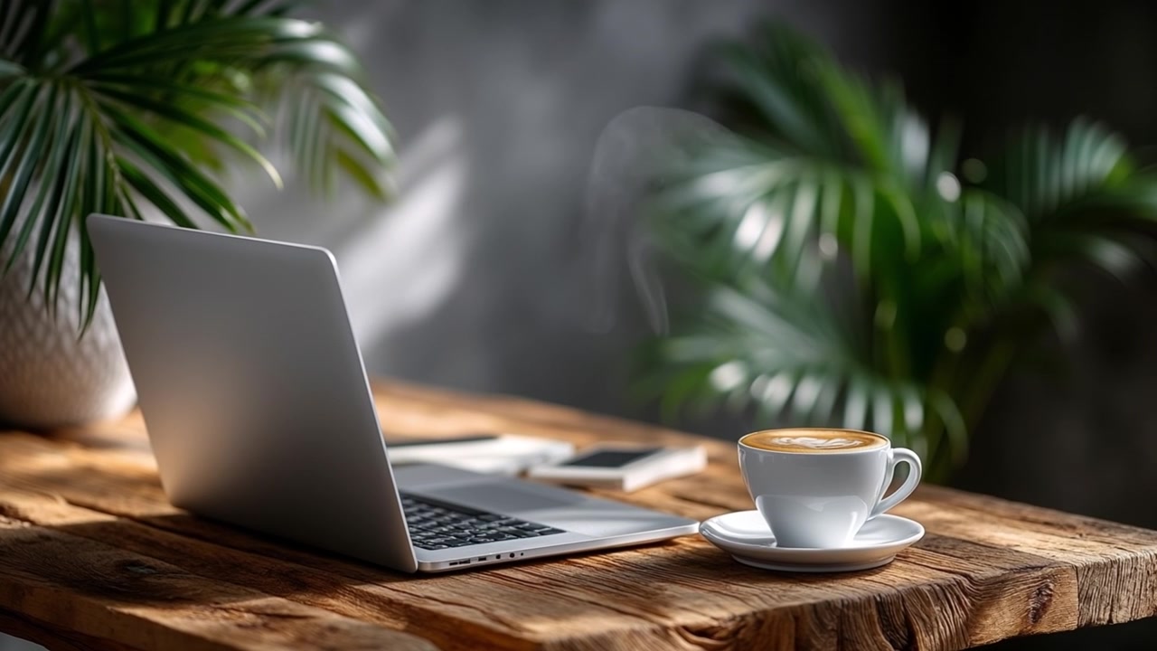 Modern workspace on a wooden table featuring a laptop coffee cup and smartphone with green indoor plants