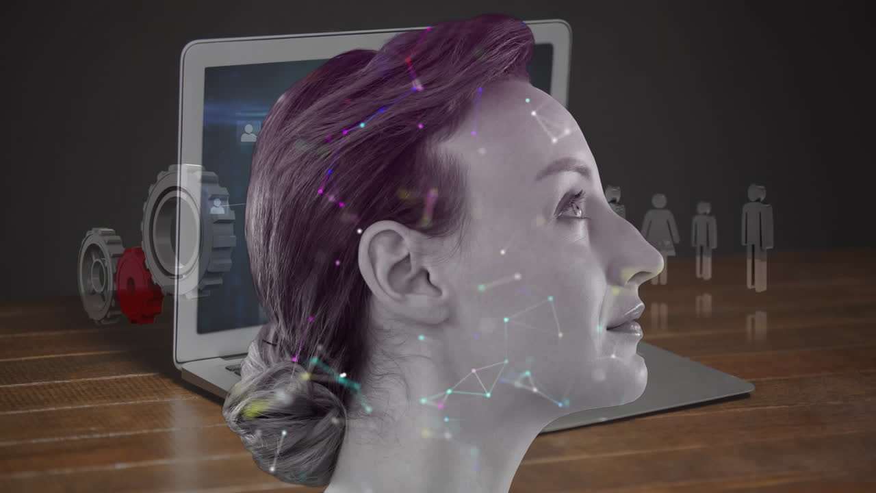 Animation of network of connections and caucasian woman over laptop with icons and data processing