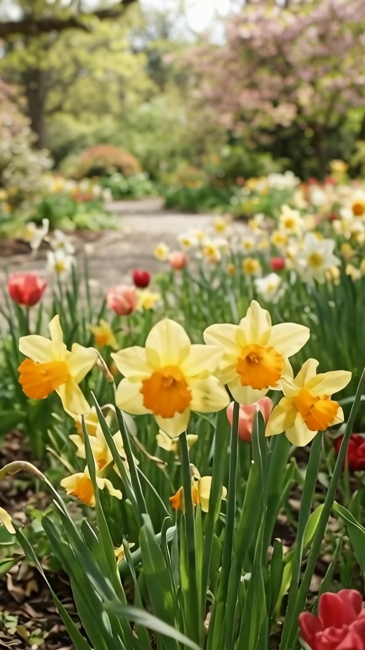 Vertical video: Pulling back camera revealing daffodils and tulips along gravel path revealing bed