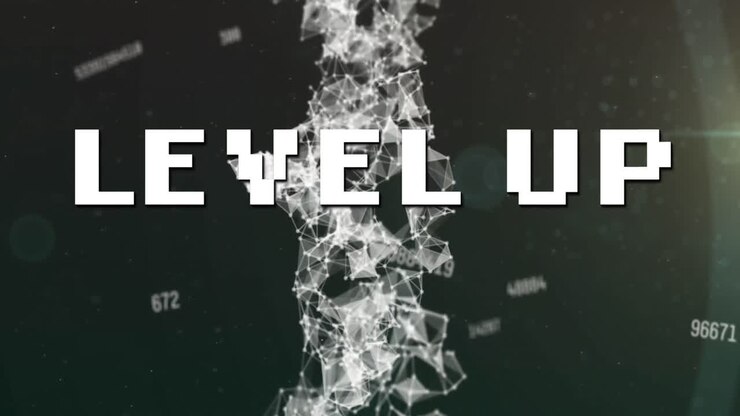 Animasi teks level up di atas pemrosesan data dengan latar belakang hitam