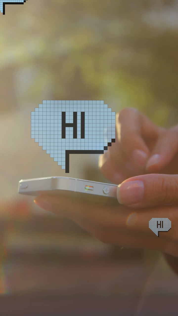 animación de hello y hi sobre las manos de una mujer biracial usando un teléfono inteligente en la ciudad