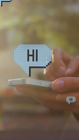 animation of hello and hi over hands of biracial woman using smartphone in city