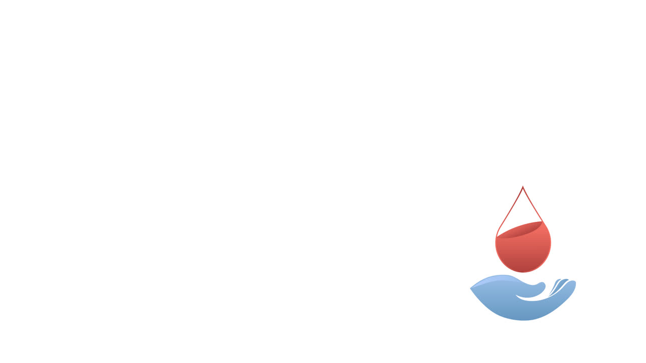 Animação de logotipo com texto 'doar sangue', com mão azul sob gota de sangue, em fundo branco