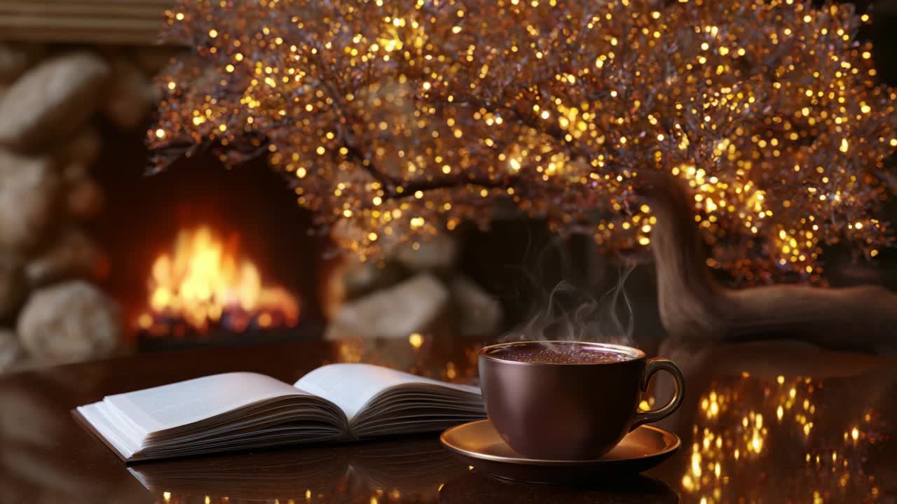 A cozy winter evening scene featuring a steaming cup of rich beverage beside an open book on a polished table, illuminated by the warm glow of a fireplace and magical twinkling lights of a nearby decorative tree