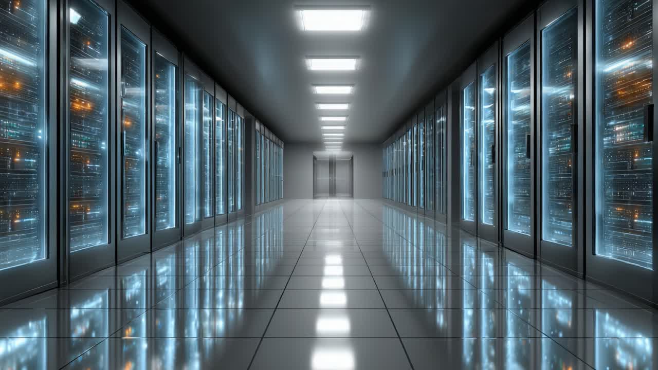 A Futuristic Data Center Corridor with Sleek Glass Server Cabinets Illuminated by Soft Lighting, Reflecting High-Tech Infrastructure and Innovation in Digital Storage Solutions