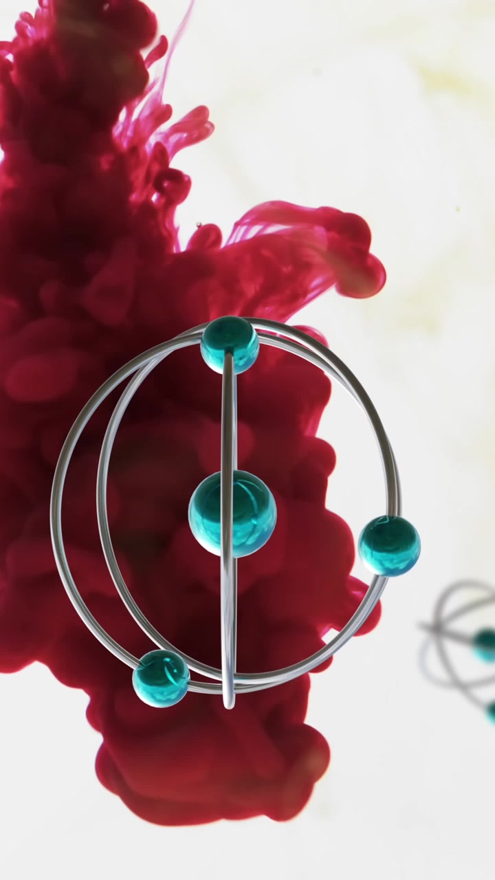 Animazione di molecole su liquido rosso su sfondo bianco