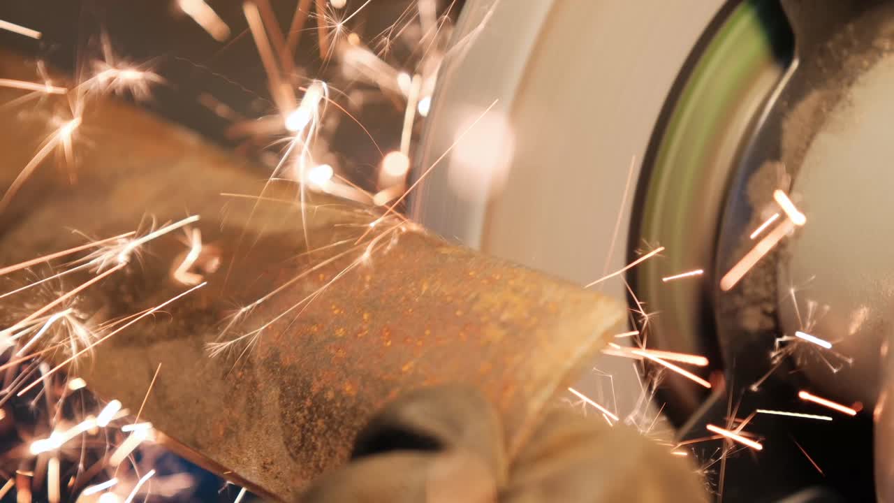 A mesmerizing slow-motion close-up captures bright sparks flying as an industrial grinder sharpens a steel mower blade. Ideal for DIY tutorials, landscaping ads, and industrial brand storytelling