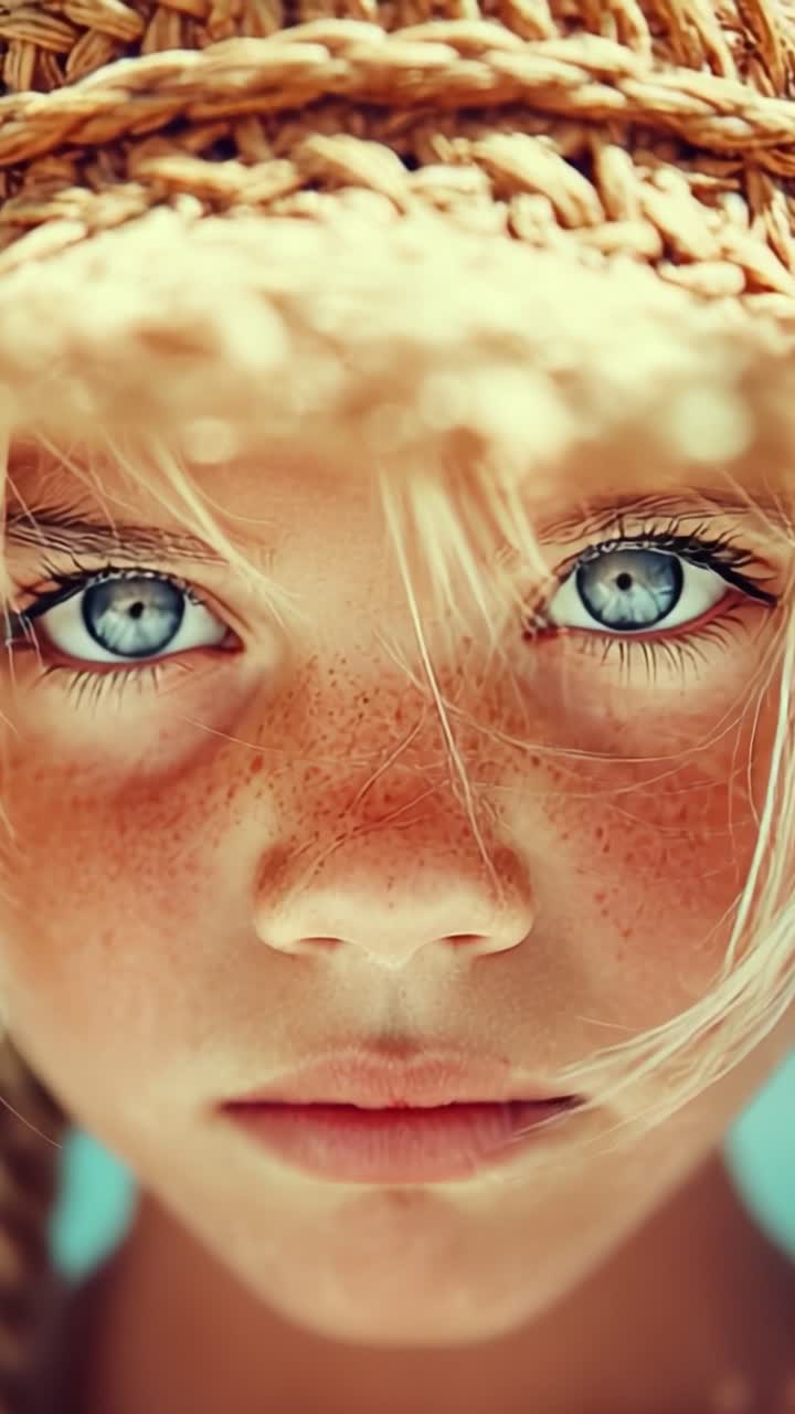 Captivating Close-up of a Young Girl with Striking Blue Eyes and Freckled Skin, Framed by a Straw Hat, Evoking a Sense of Innocence and Wonder