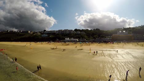 aerial view of beach and seaside, coastline of carbis bay, st ives, cornwall, penzance