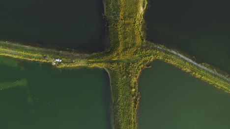 Aerial-View-Of-Cars-On-Lush-Pathway-Between-Fishponds-In-The-Village-Of-Frydman-In-Poland