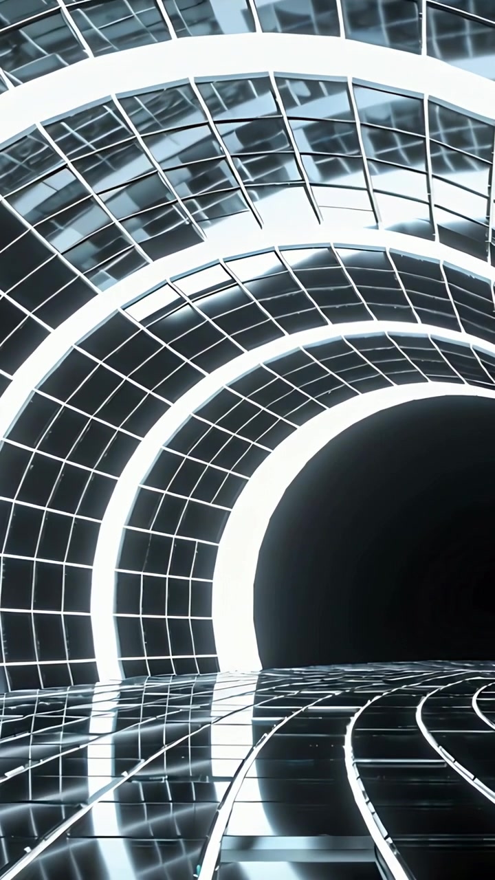 Video vertical: Cámara avanzando mostrando un túnel curvo con arcos LED, cuadrícula, azulejo brillante y vacío oscuro.