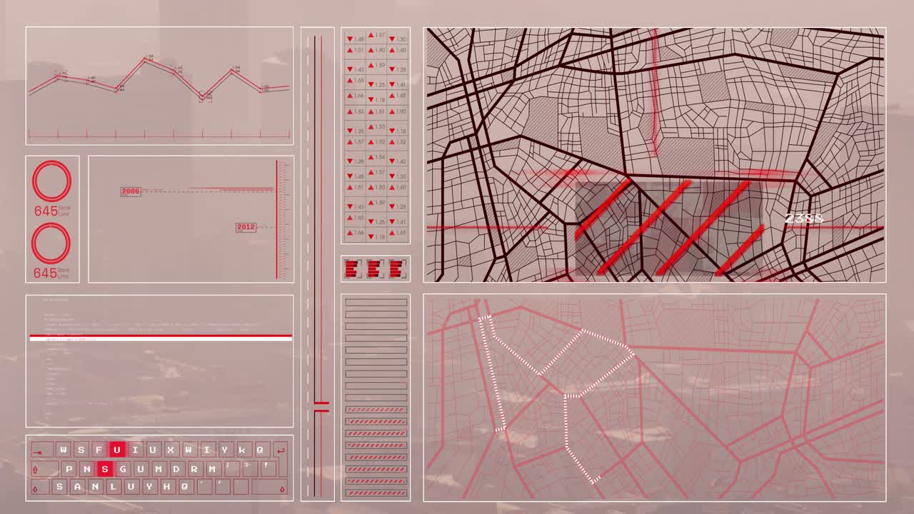 Animation of graph, loading circles, bars, navigation pattern and computer language over modern city
