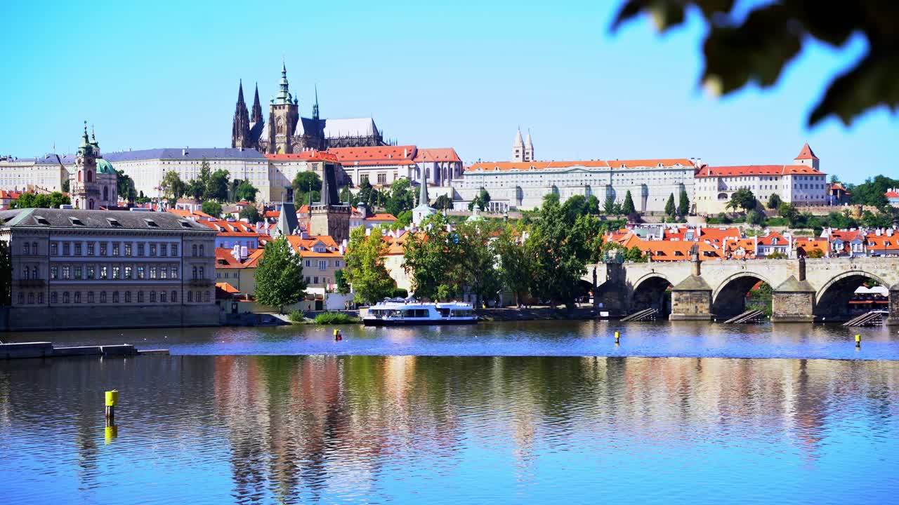 Landscape of the small town Mal&aacute; Strana of Prague in the Czech Republic on a sunny day with the Vltava River surrounding it