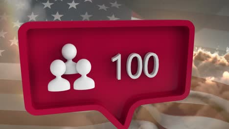 animation of people icon with numbers on speech bubble with flag of usa