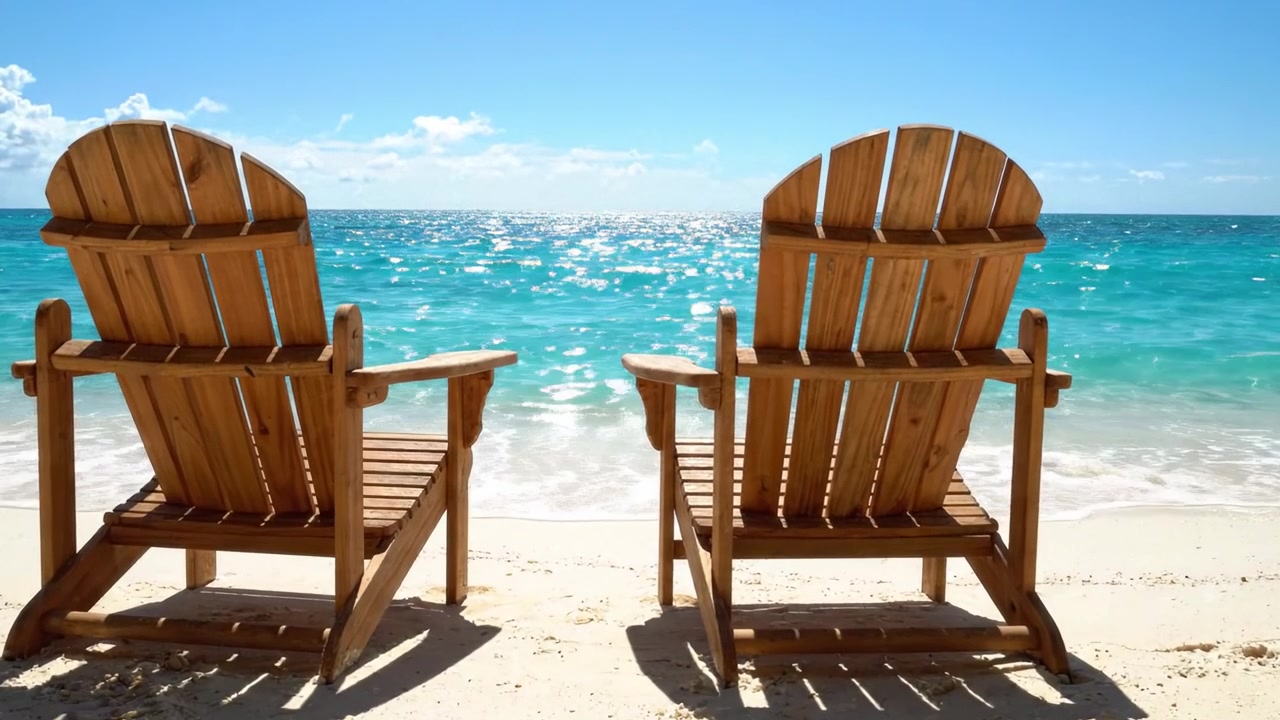 Zwei gemütliche Holzstühle mit Blick auf einen ruhigen Strand mit funkelnd blauem Wasser unter einem hellen Himmel, perfekt zum Entspannen und Genießen der Schönheit der Natur