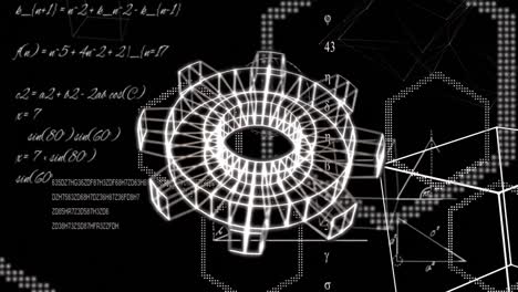 animación del icono de la rueda dentada sobre ecuaciones y formas matemáticas sobre fondo negro