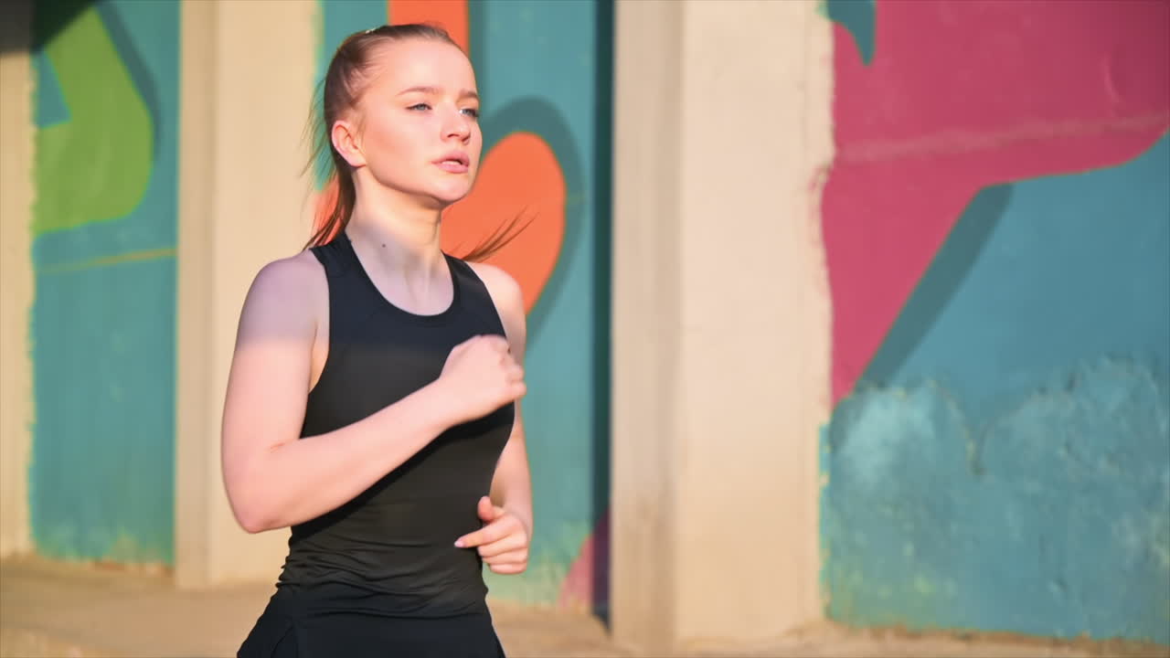 Young blonde woman in sportswear running on the road at outdoors training. Slow motion, sunset