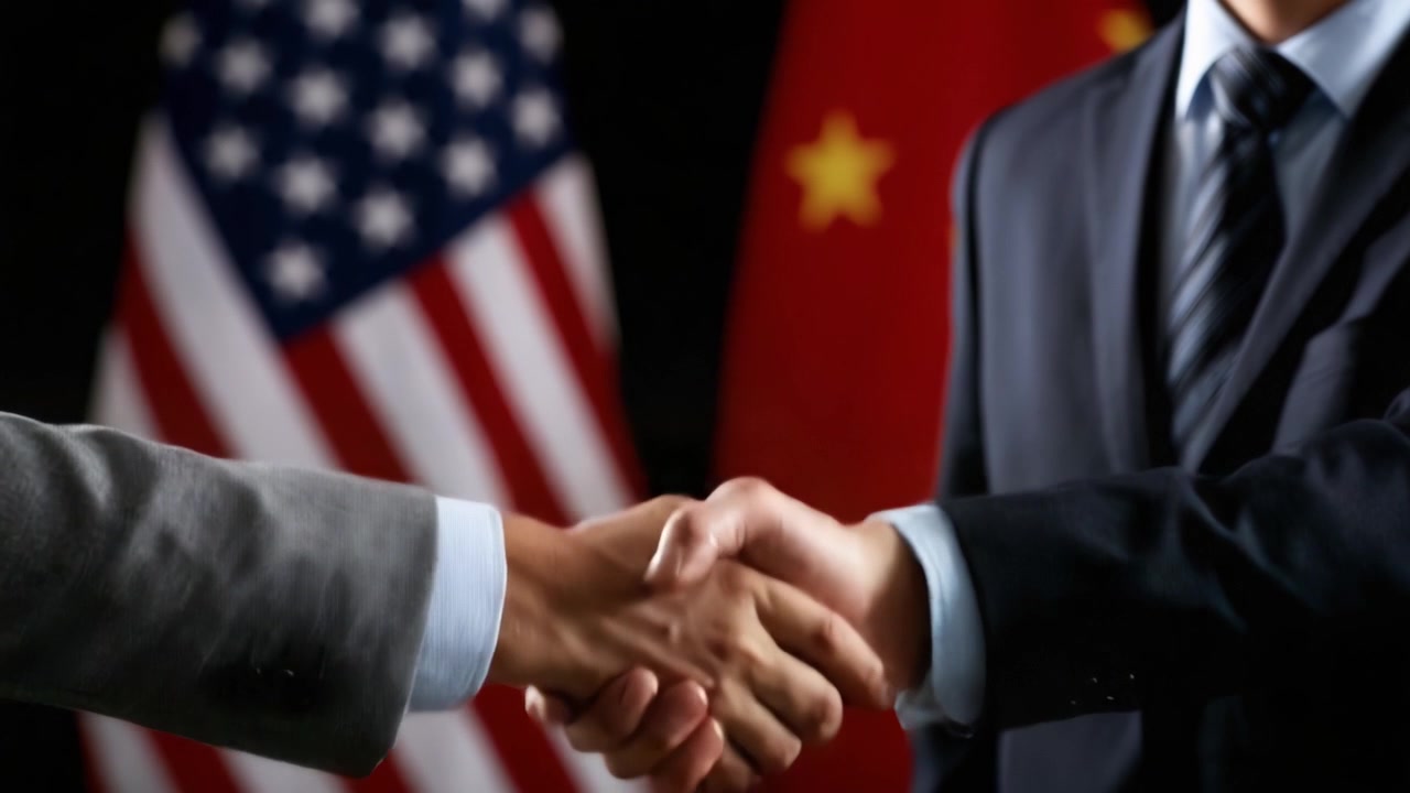 Diplomatic Handshake Signifying Cooperation Between Two Nations, Represented by Flags of the United States and China in a Formal Negotiation Setting