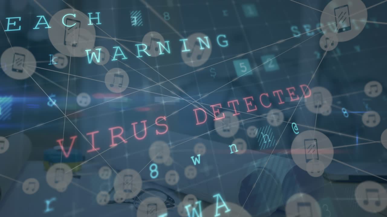 Animation of warning text and network of connections over office