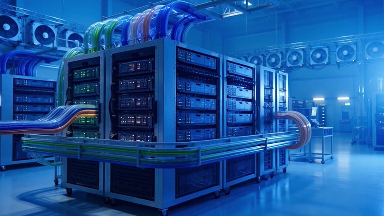 Modern Data Center Server Room with Liquid Cooling Systems