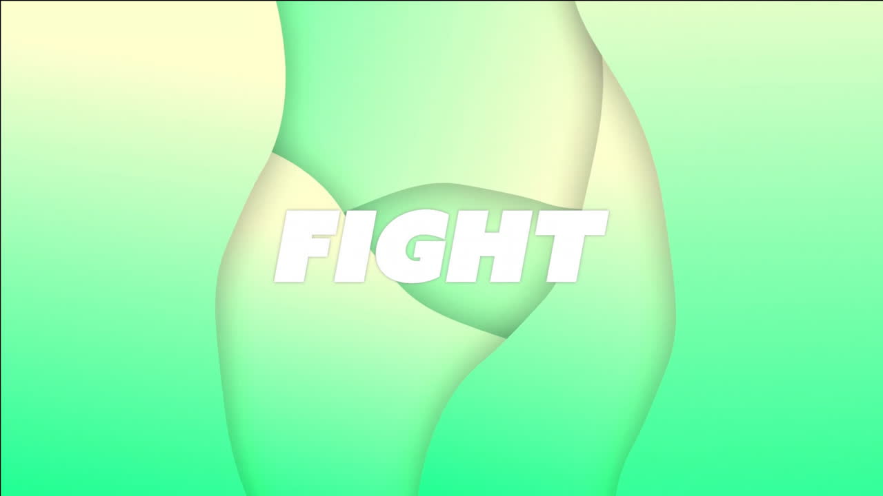 FIGHT text animation over abstract green and yellow shapes