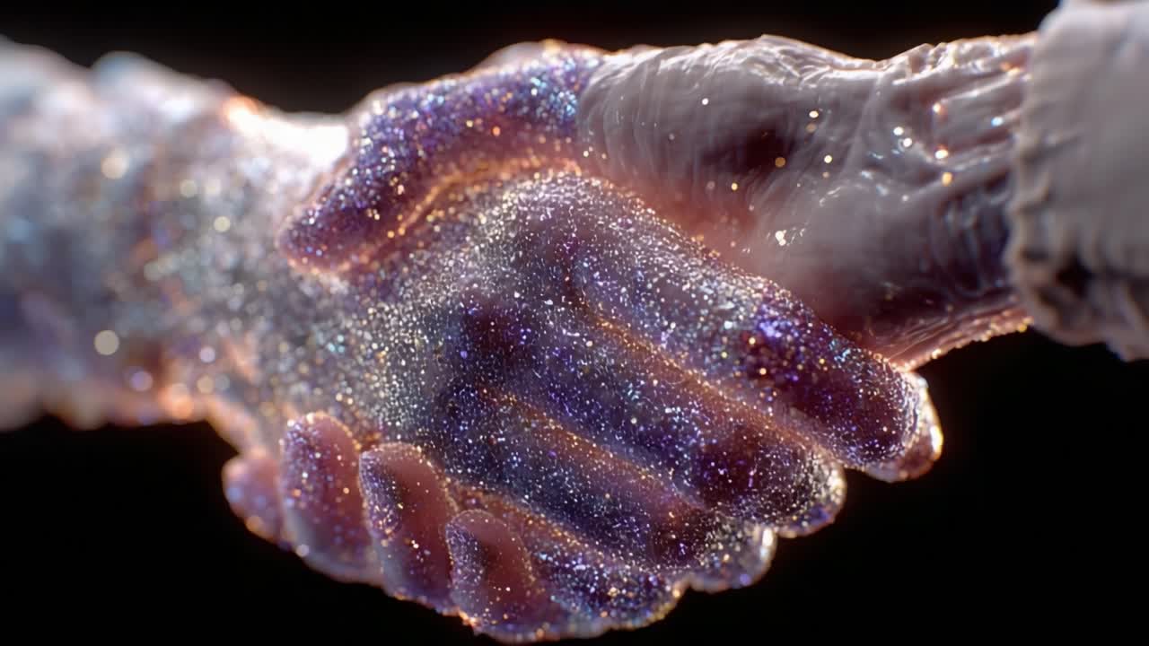 Shimmering purple and gold glitter covering a cosmic being's hand shaking a human hand, representing a mystical agreement or connection between different worlds on a dark isolated background