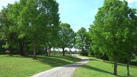 windige kiesstraße durch schöne grüne bäume und hügelige hügel auf einer farmlandschaft am nachmittag, konzeptweg, straße, route