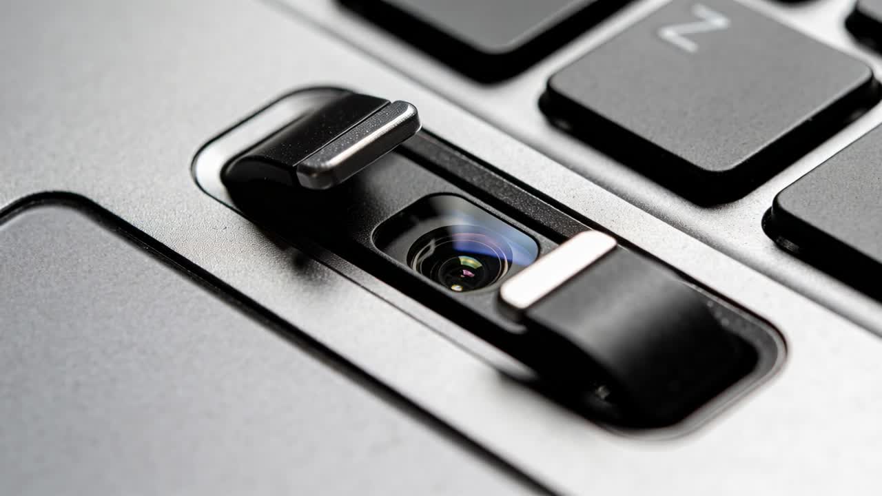 Indbygget laptop-kamera lukker for at beskytte privatlivet, idet en skydeknap bevæger en lukkemekanisme hen over glaslinsen