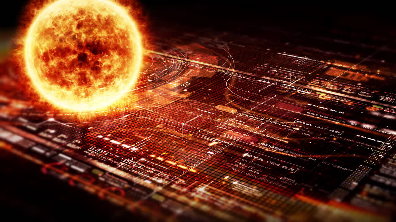 헤드 업 디스플레이 및 사용자 인터페이스 디자인 배경을 위해 디지털 방식으로 생성된 미래형 홀로그램 태양