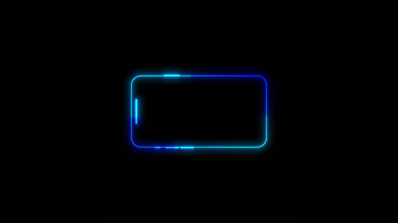 Moldura luminosa de celular com ondas laterais azuis, brilhos, animação de 'gire seu telefone' de vertical para