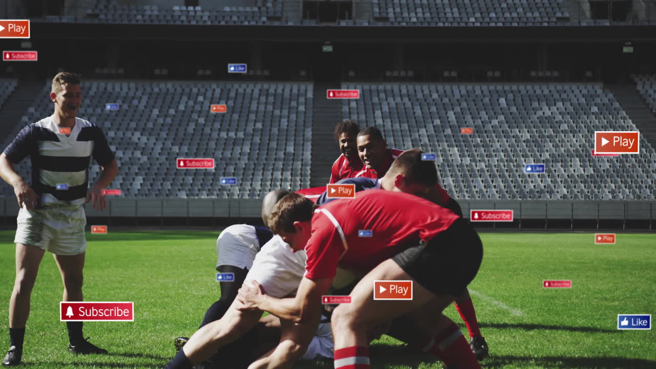 Rugby players tackling on field with animation of digital play and subscribe buttons
