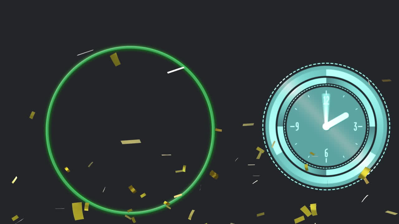 Animation of confetti with scope and clock on black background