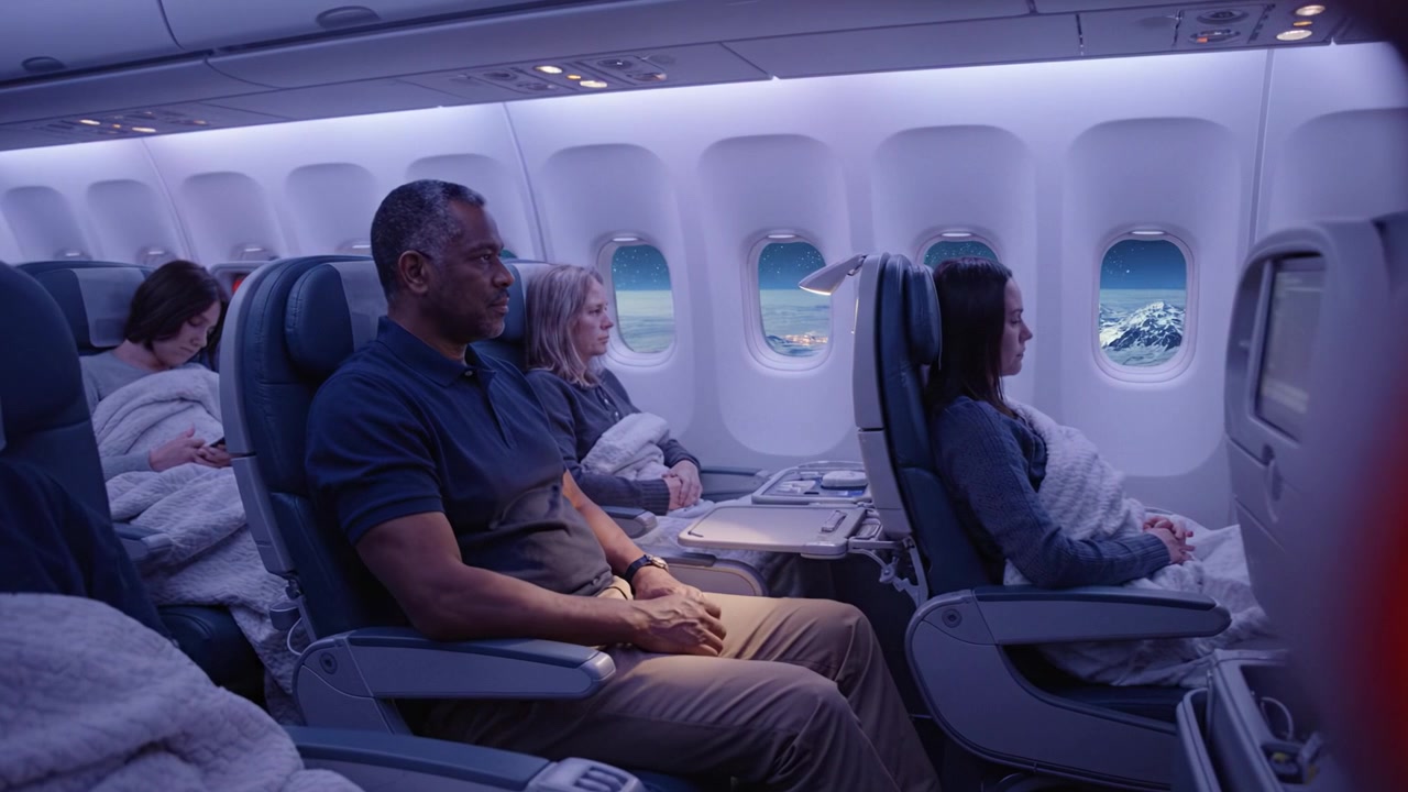 En rolig reise gjennom skyene: Passasjerer slapper av i en tonet kabin med myk belysning på en langdistanseflyvning, og ser verden under seg mens de reiser.