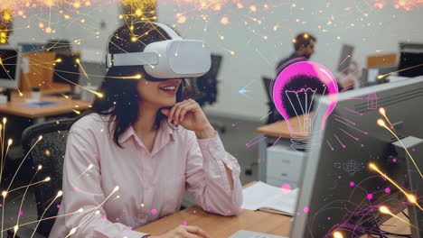 woman using vr headset in a modern office, symbolizing innovation and new ideas