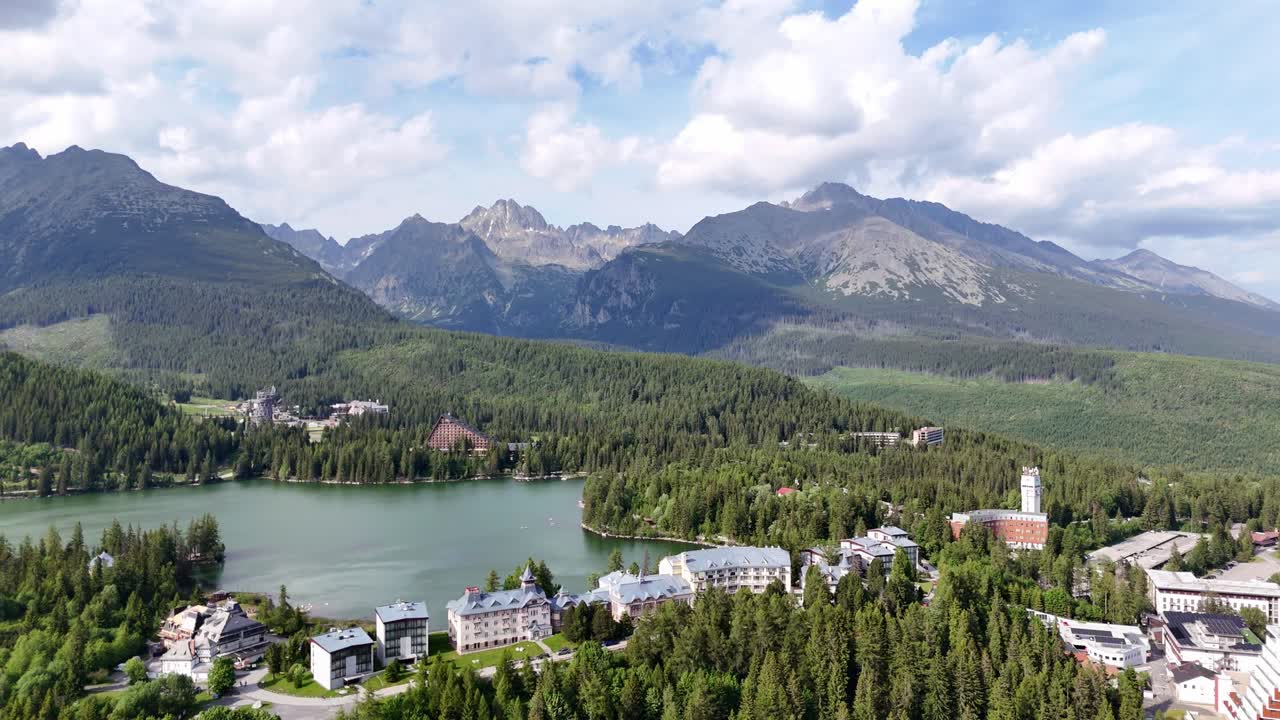 Strbske Pleso Glacial Lake With Mountain Views In High Tatras, Slovakia. - aerial shot