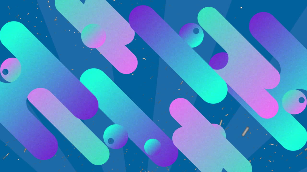 Animated colorful geometric shapes and gradients over blue background