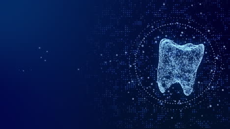 polygonal mesh of a tooth on a blue abstract medical background. looped animation of a 3d model of a tooth. dental motion graphics with particles. copy space.